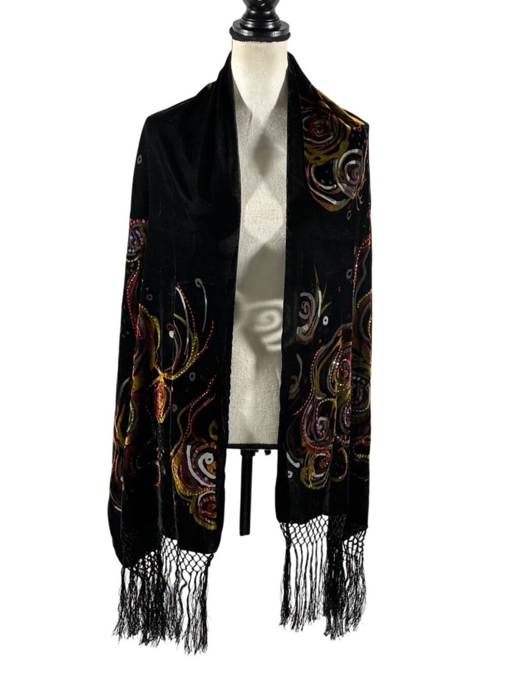 Black Velvet burn out Shawl Multicolor Swirl beaded sequins & Fringe Details